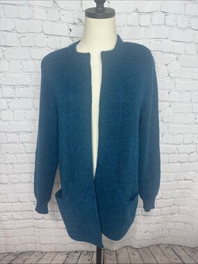 Peruvian Link Alpaca Long Open Cardigan Teal Blue Pockets One Size Peru